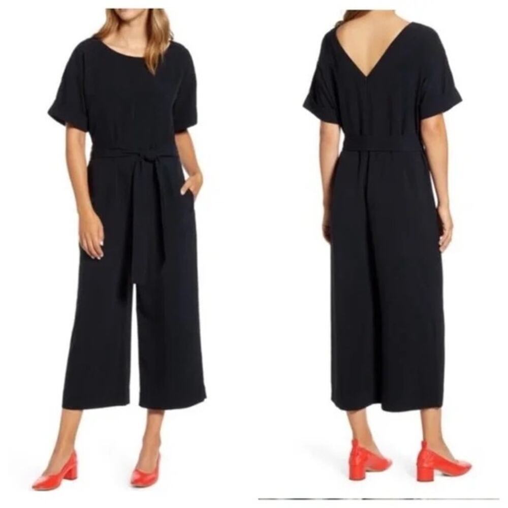 Everlane Japanese GoWeave Essential Short Sleeve Jumpsuit 10 NWT Pockets Black